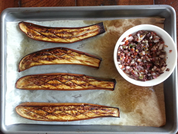 Roasted Chinese Eggplants with Olive & Tomato Salsa